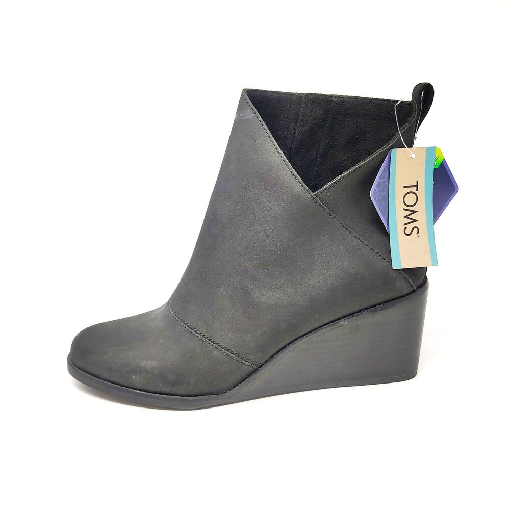 New Toms Shoes Womens 10 Boots Sutton Black Leather Wedge Zip Grunge Goth Emo